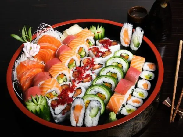 Fresh and colorful sushi platter with assorted rolls served at Plaza Catering's premium wedding and event catering services in Kerala
