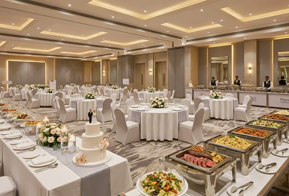 Plaza Catering services in kerala's,wedding buffet setup in a luxury hall.
